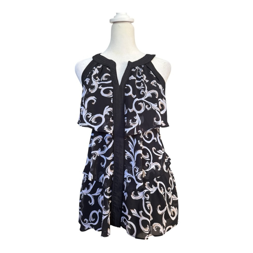 INC Black & White Baroque Scroll Print Tiered Halter Tunic